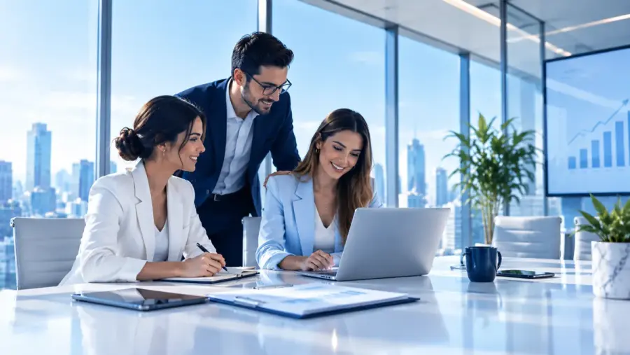 Time da Zyra reunido ao redor de um notebook, analisando resultados junto ao cliente